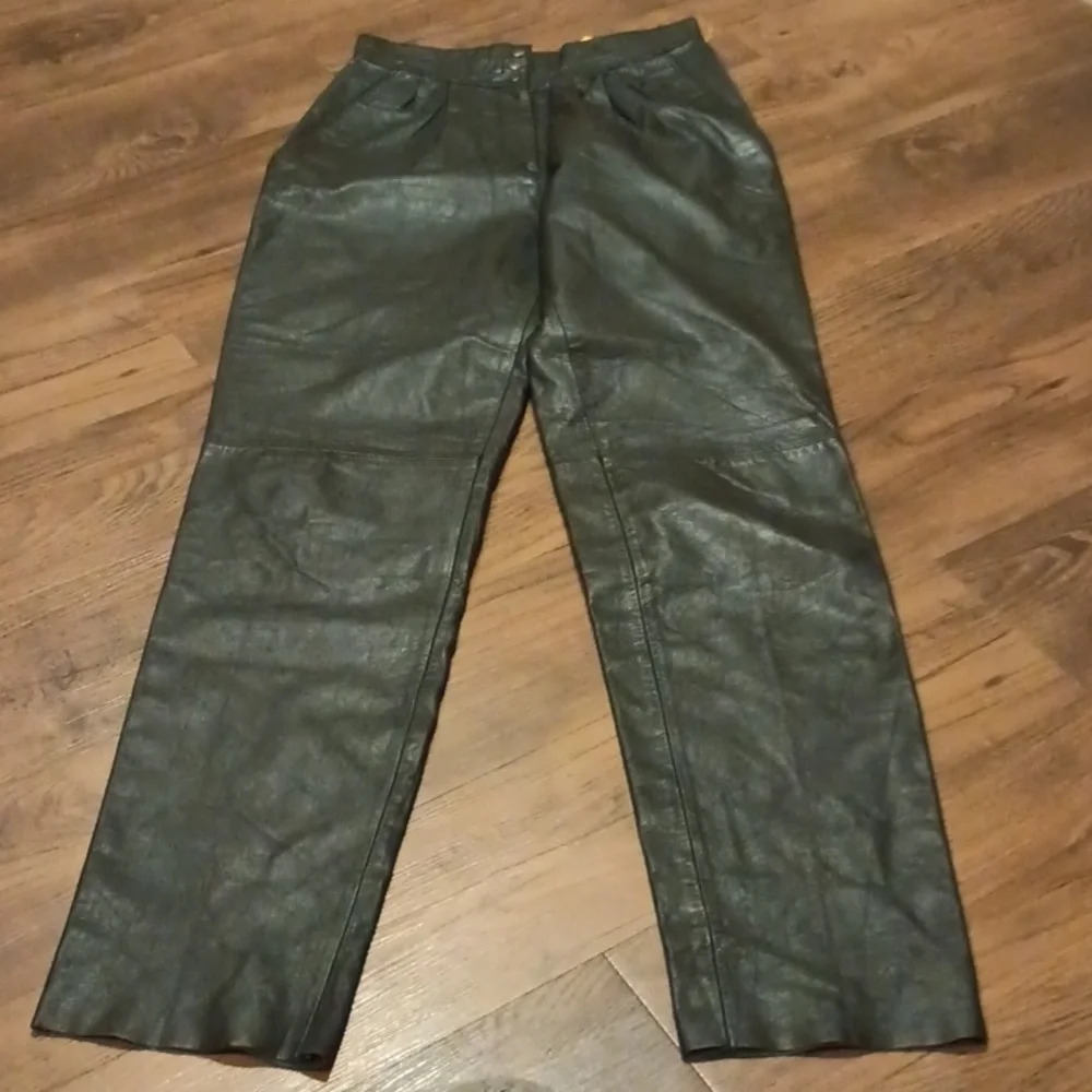 Echtes Leder Black High Waisted Straight Leg Leather Moto Pants A44